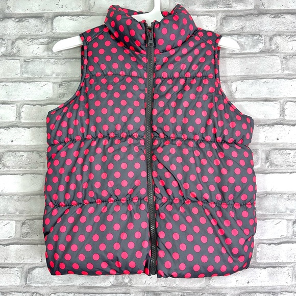 Old Navy Girls Pink Gray Polka Dot Frost Free Puffer Vest - Size M (8) - Picture 1 of 8